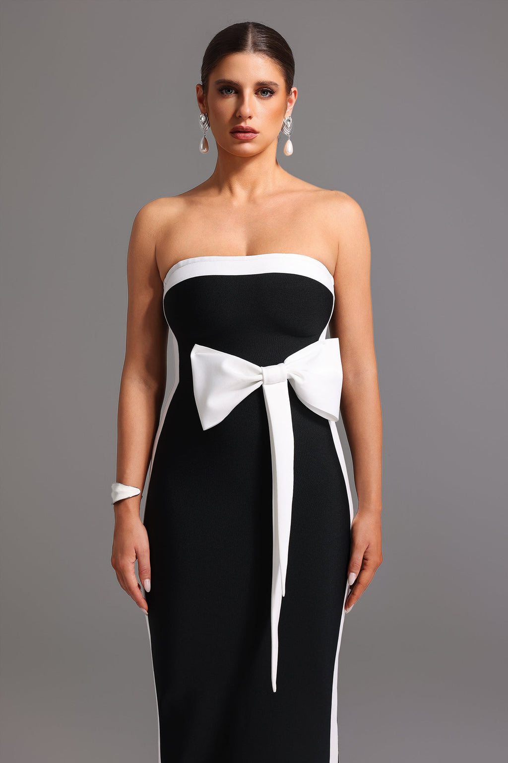 Fiona Black Strapless Bow Detail Evening Dress