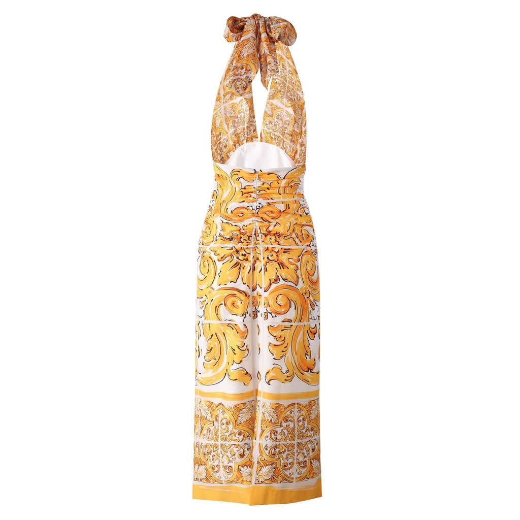 Fiona Dress - Halter Neck Silhouette - Baroque Pattern Design - Tailored Fit - Wrap Around Neckline