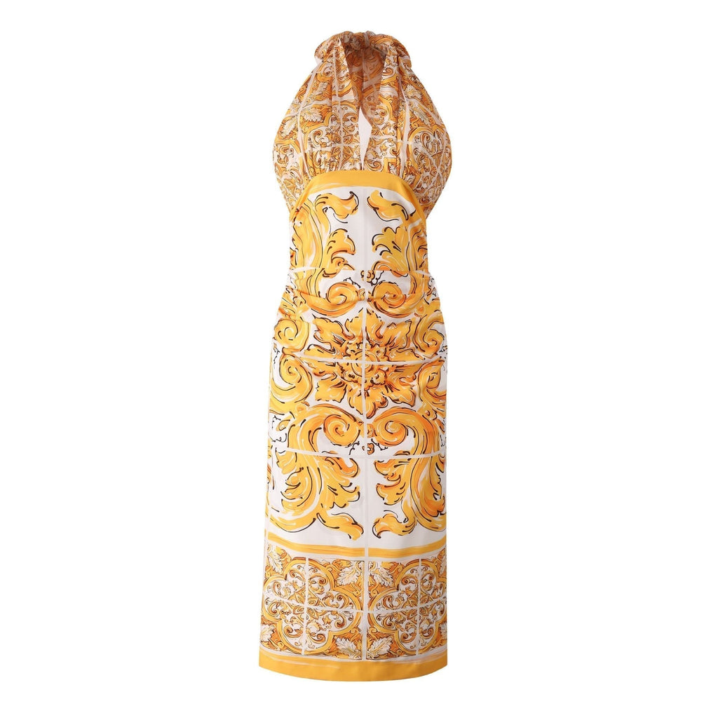 Fiona Dress - Halter Neck Silhouette - Baroque Pattern Design - Tailored Fit - Wrap Around Neckline