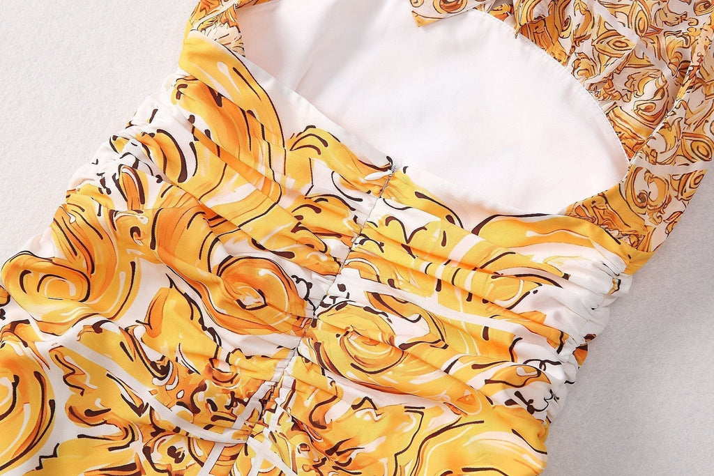 Fiona Dress - Halter Neck Silhouette - Baroque Pattern Design - Tailored Fit - Wrap Around Neckline