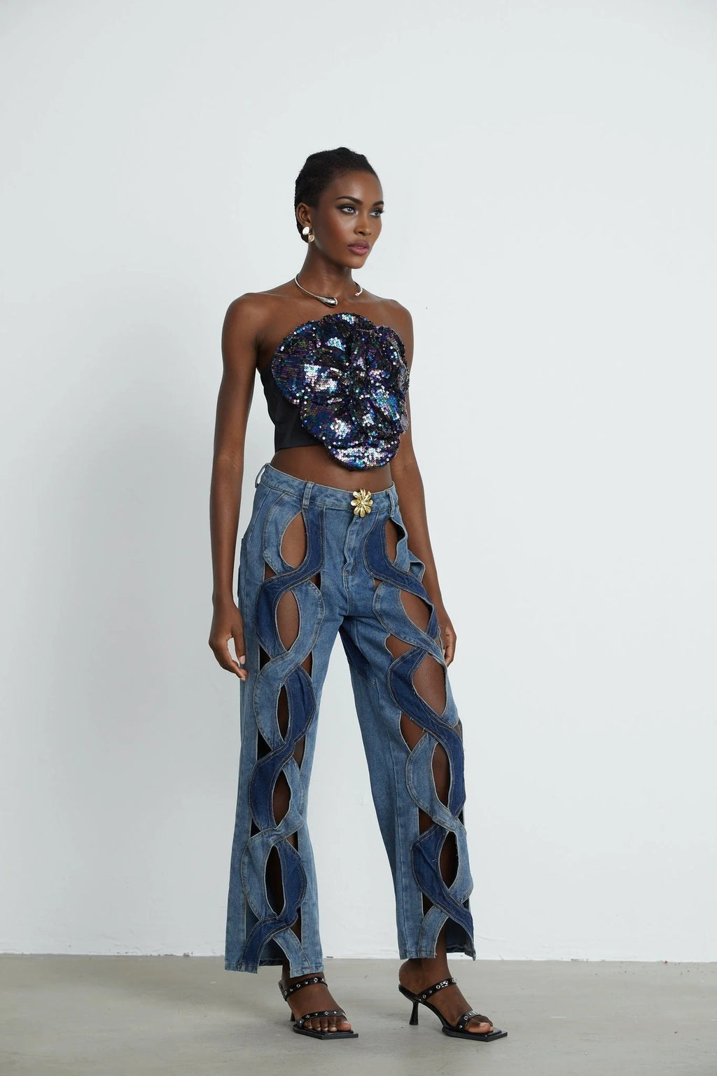 Fiona Floral Top - Off - the - Shoulder Design - Sequin Embellishments - Faux - Flower Detailing - Cropped Length