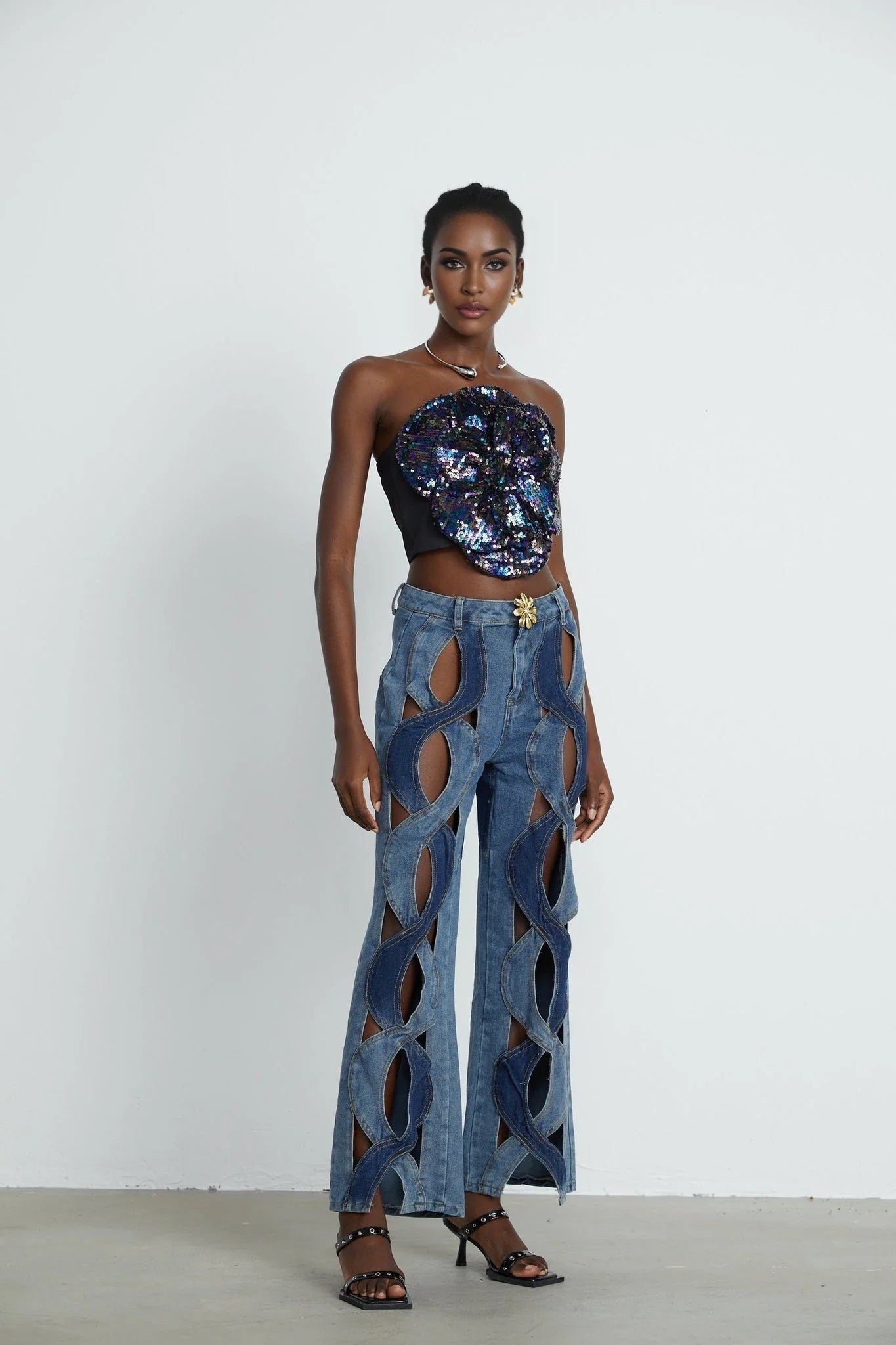 Fiona Floral Top - Off - the - Shoulder Design - Sequin Embellishments - Faux - Flower Detailing - Cropped Length