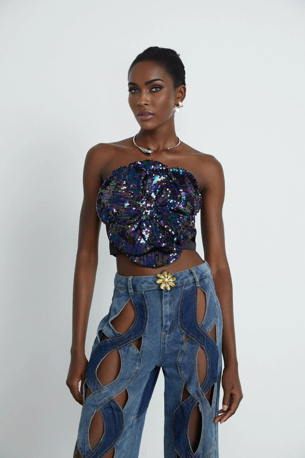 Fiona Floral Top - Off - the - Shoulder Design - Sequin Embellishments - Faux - Flower Detailing - Cropped Length
