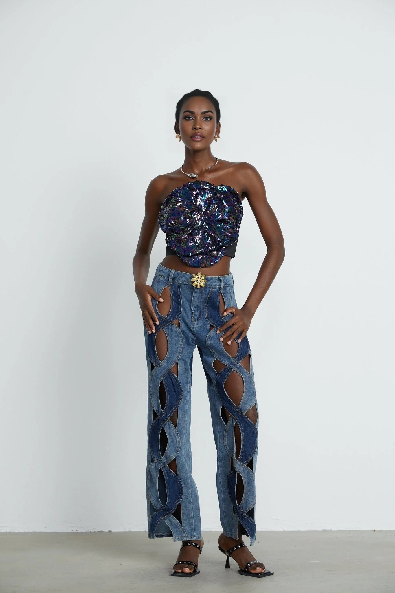 Fiona Floral Top - Off - the - Shoulder Design - Sequin Embellishments - Faux - Flower Detailing - Cropped Length