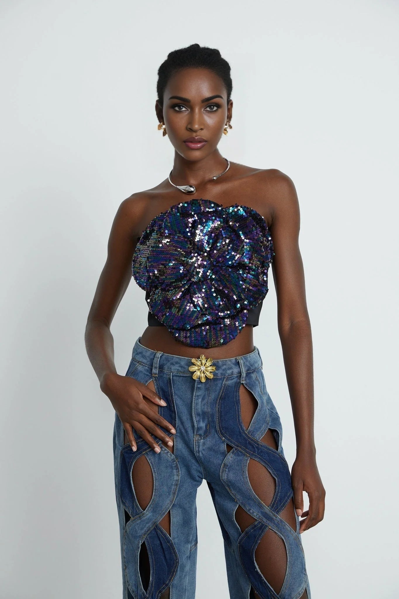 Fiona Floral Top - Off - the - Shoulder Design - Sequin Embellishments - Faux - Flower Detailing - Cropped Length