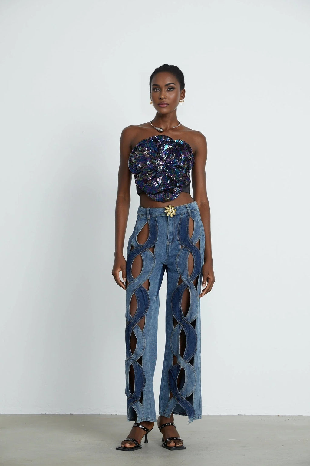 Fiona Floral Top - Off - the - Shoulder Design - Sequin Embellishments - Faux - Flower Detailing - Cropped Length