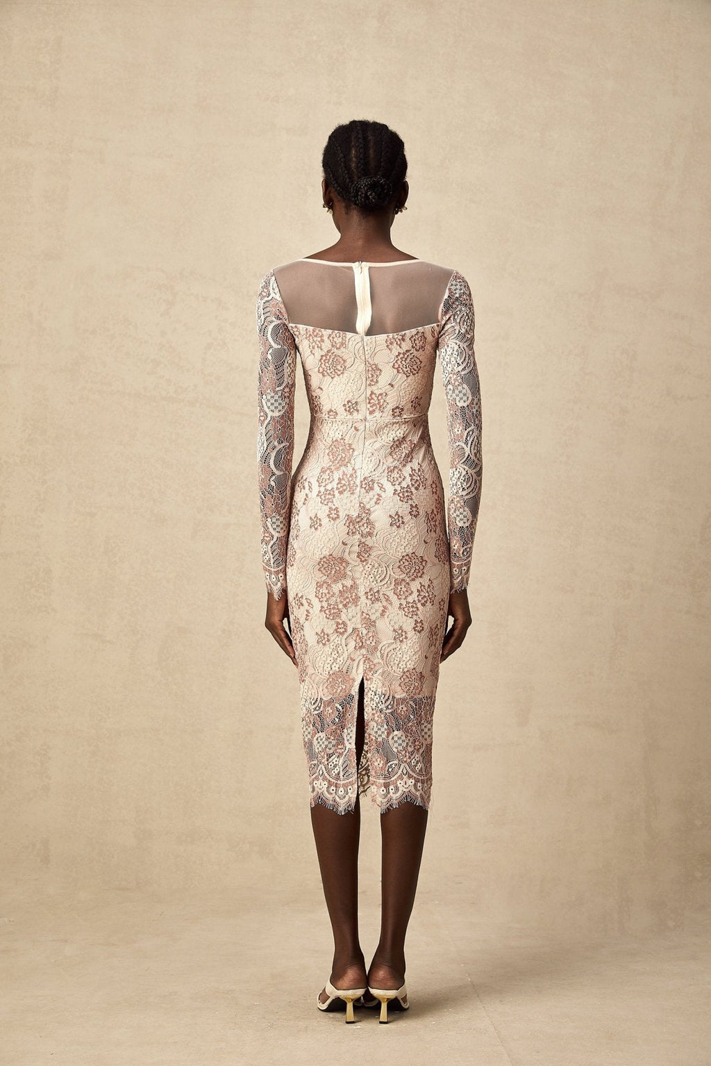Fiona Midi Dress - V - Neck - Long Sleeve - High Slit - Guipure Lace Detailing