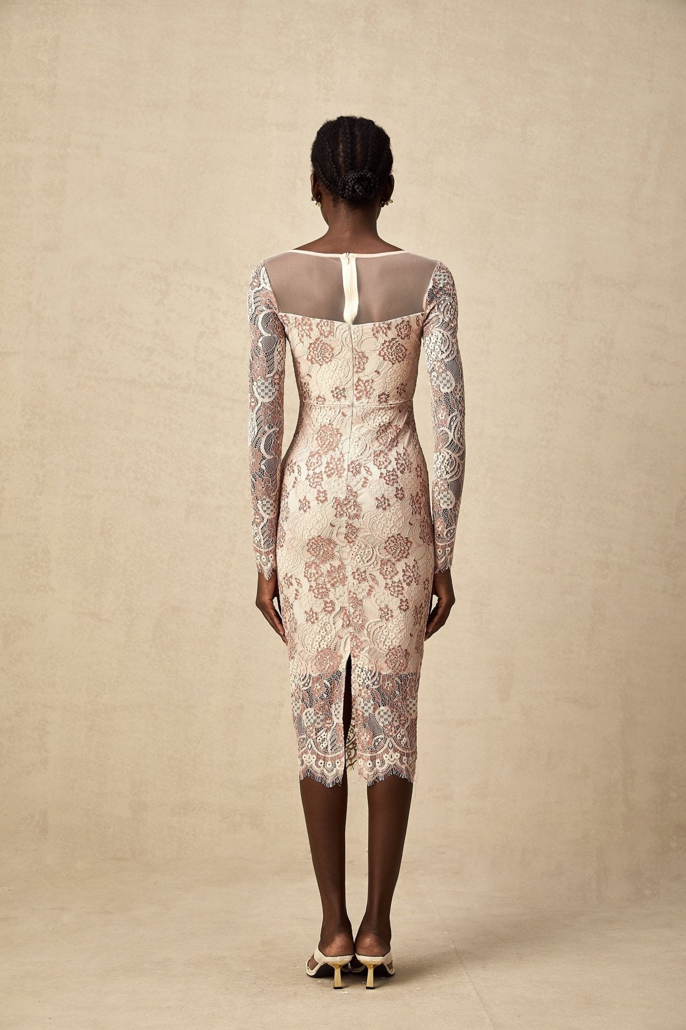 Fiona Midi Dress - V - Neck - Long Sleeve - High Slit - Guipure Lace Detailing