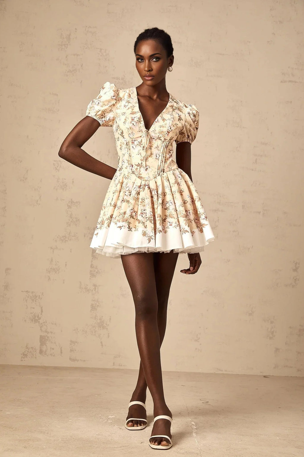 Fiona Mini Dress Yellow Floral Print Pleated