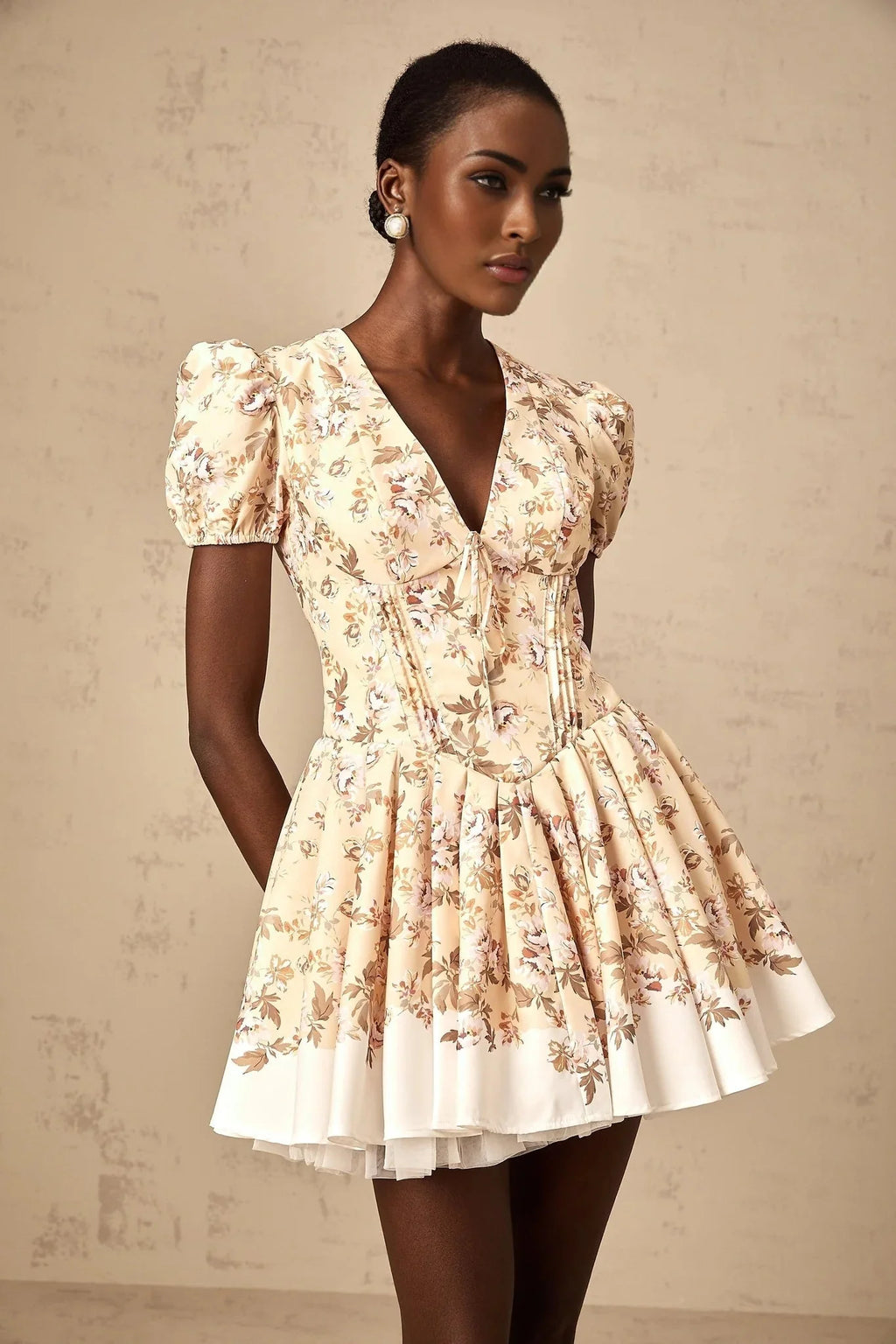 Fiona Mini Dress Yellow Floral Print Pleated