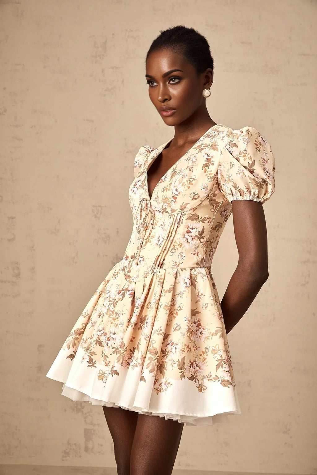 Fiona Mini Dress Yellow Floral Print Pleated