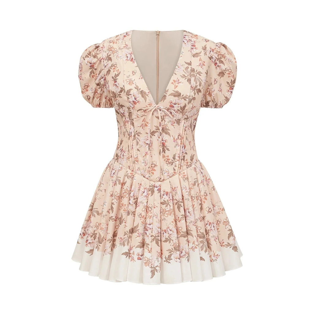 Fiona Mini Dress Yellow Floral Print Pleated