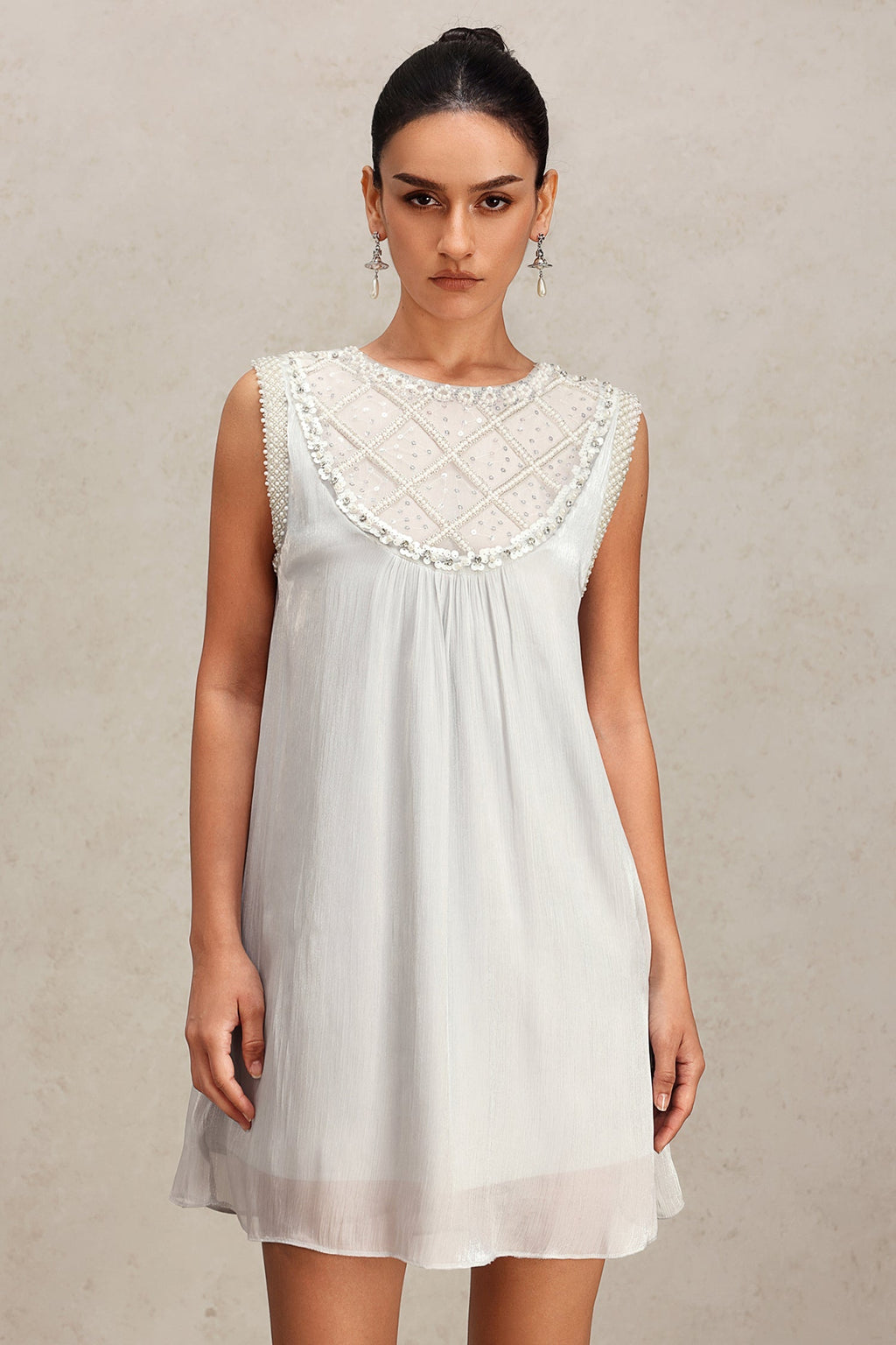 Fiona Silver Diamond Patterned Sleeveless Dress with Beadwork