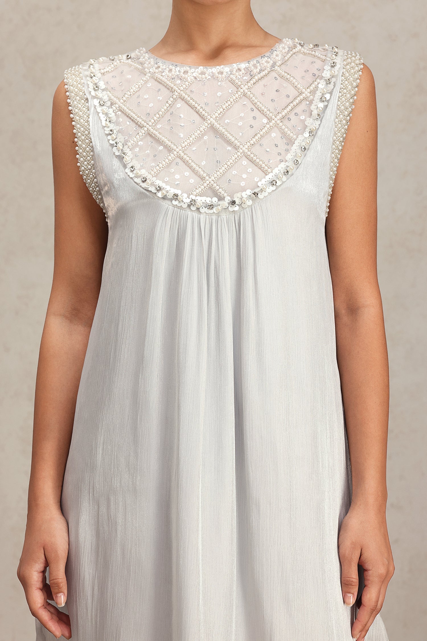 Fiona Silver Diamond Patterned Sleeveless Dress with Beadwork