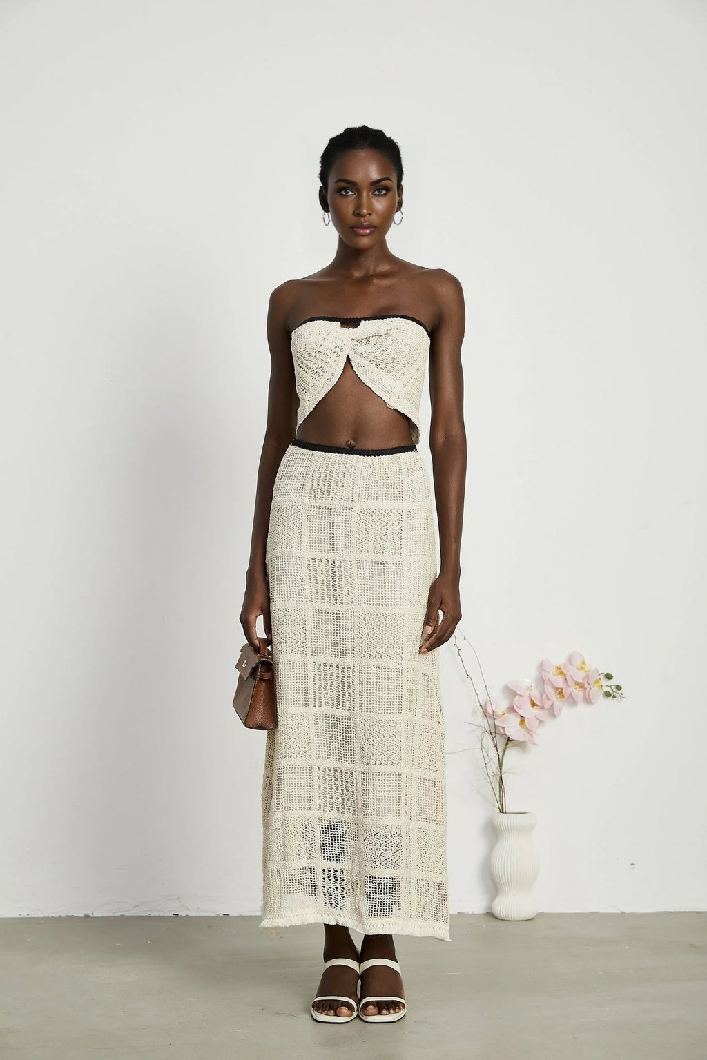 Fiona Top & Skirt Set - Off Shoulder - Stretch Knit - Cropped Top - Midi Length - Rear Tie - Side Zip
