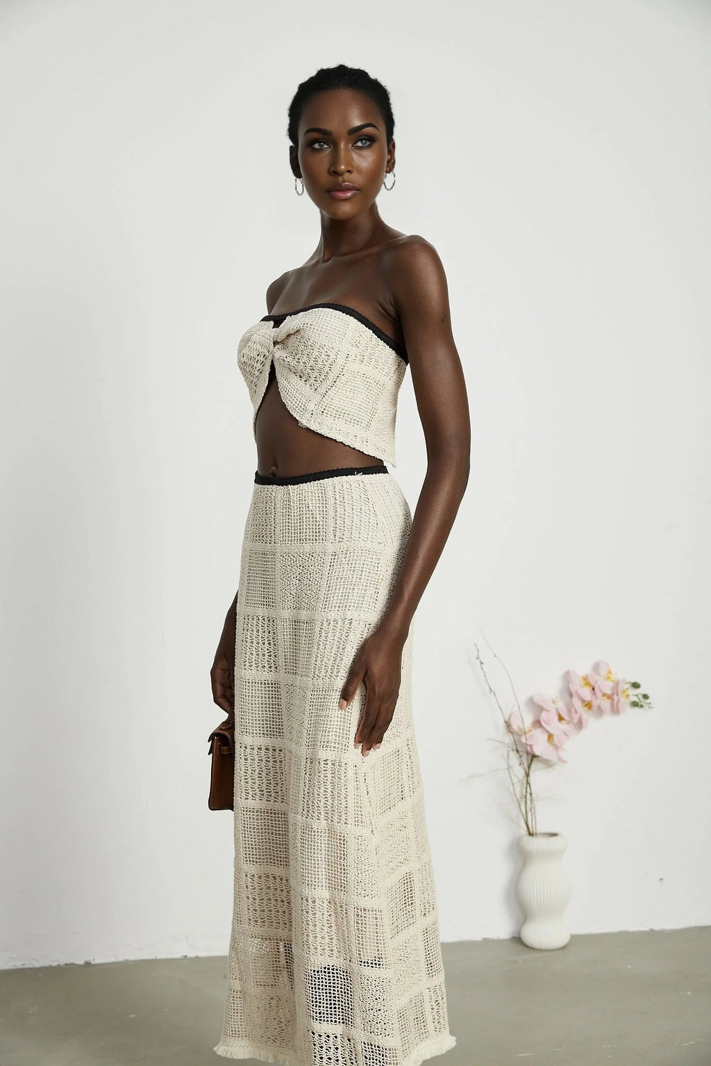Fiona Top & Skirt Set - Off Shoulder - Stretch Knit - Cropped Top - Midi Length - Rear Tie - Side Zip
