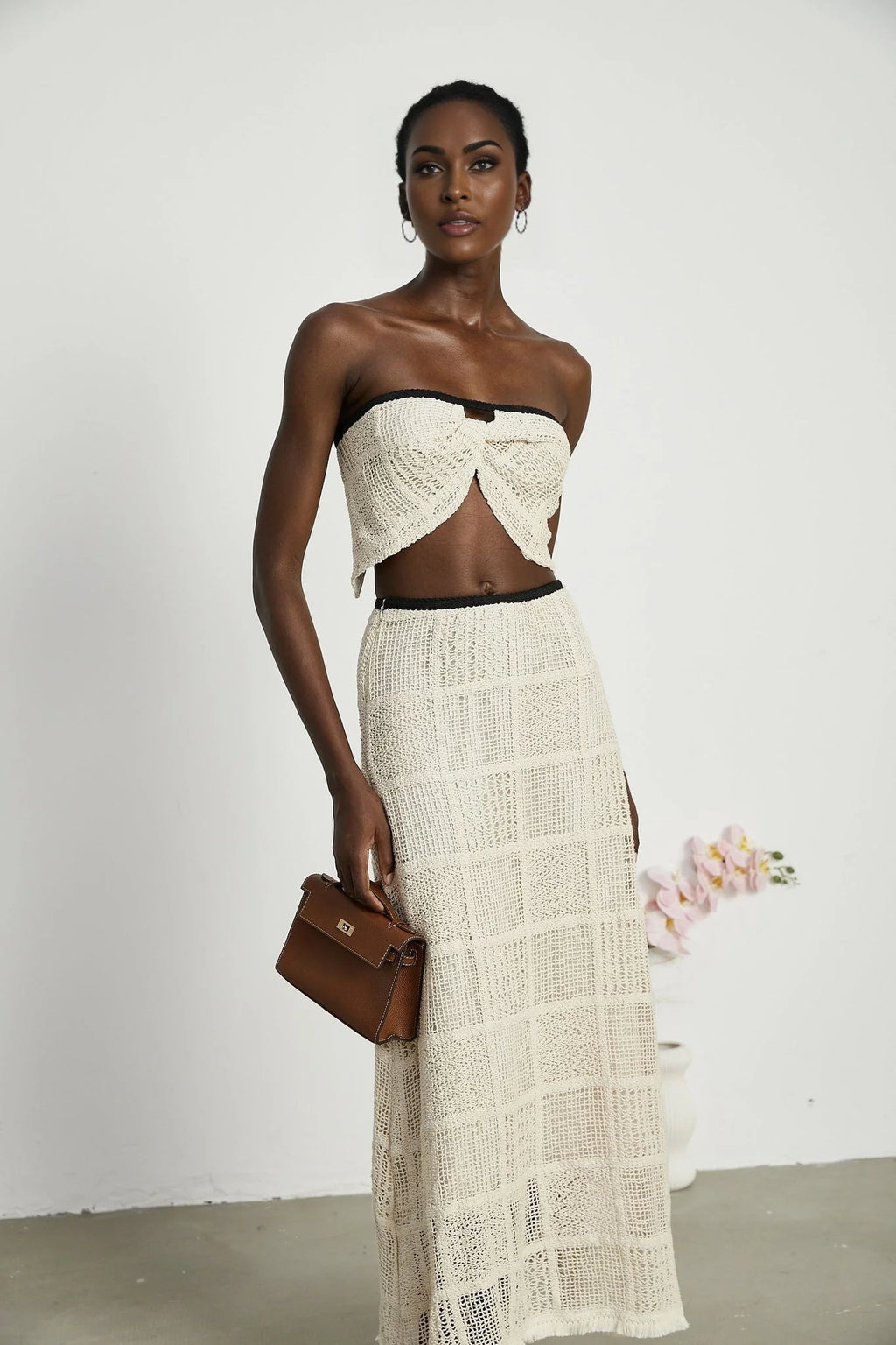 Fiona Top & Skirt Set - Off Shoulder - Stretch Knit - Cropped Top - Midi Length - Rear Tie - Side Zip