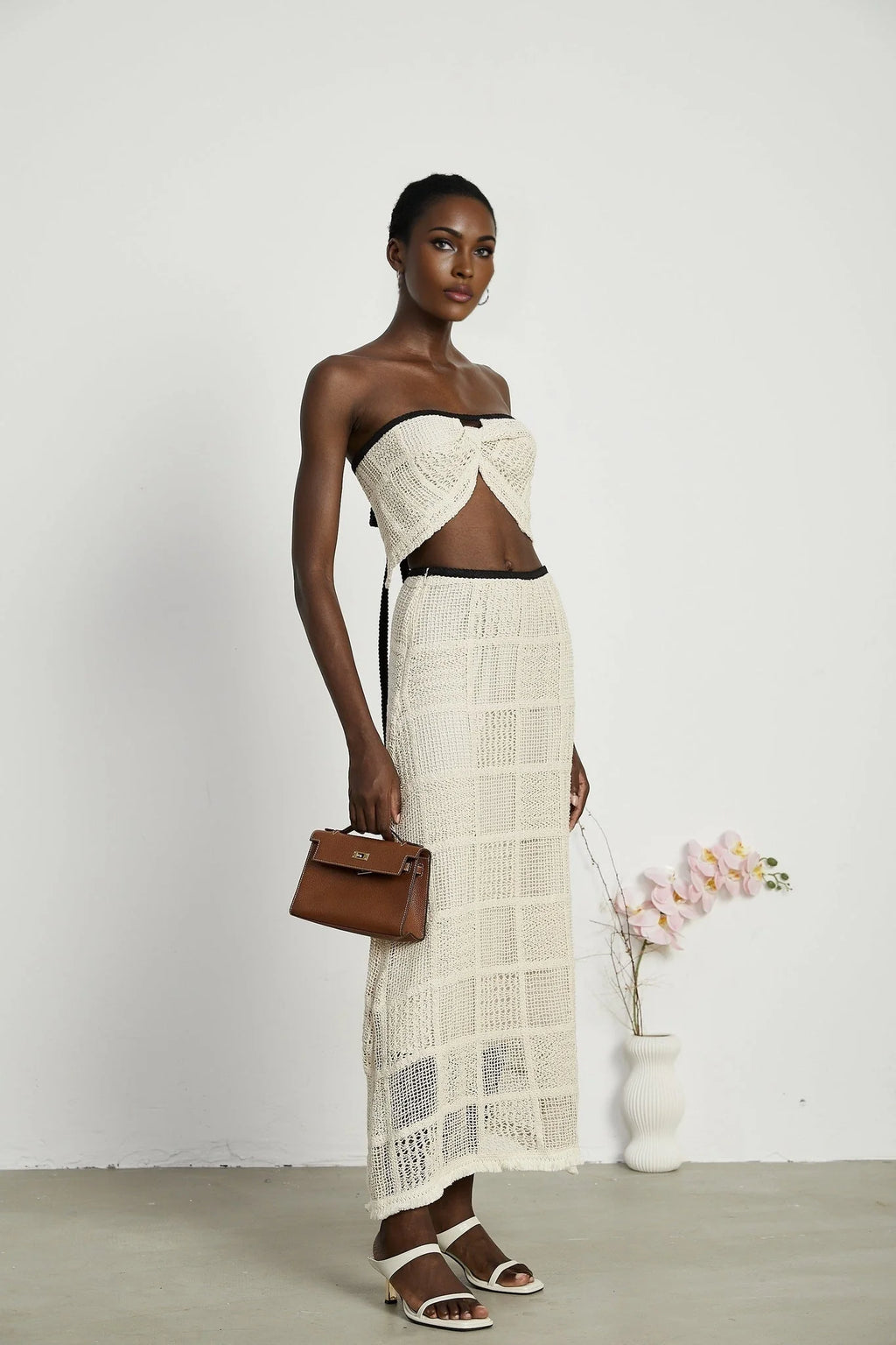 Fiona Top & Skirt Set - Off Shoulder - Stretch Knit - Cropped Top - Midi Length - Rear Tie - Side Zip