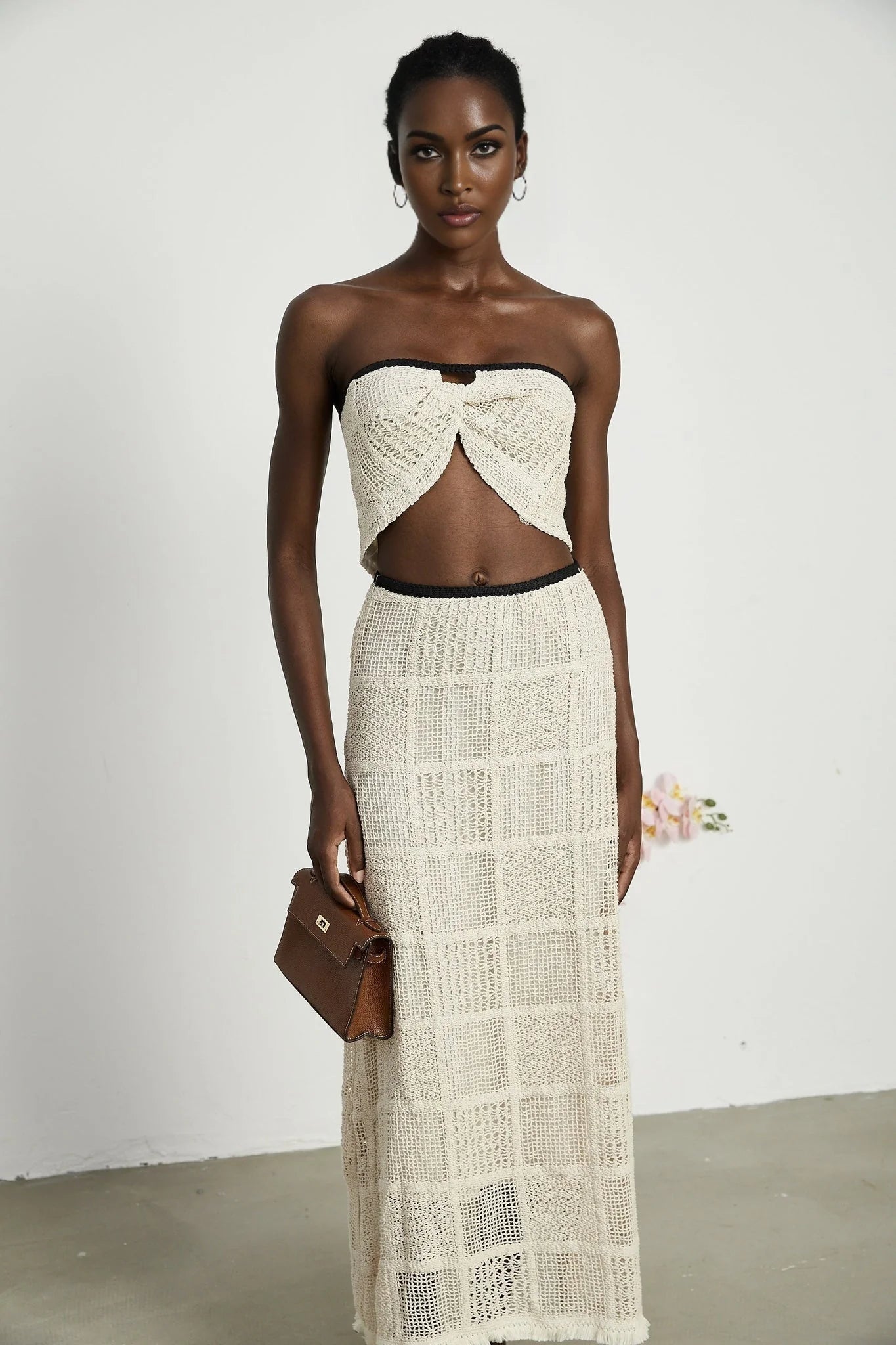 Fiona Top & Skirt Set - Off Shoulder - Stretch Knit - Cropped Top - Midi Length - Rear Tie - Side Zip