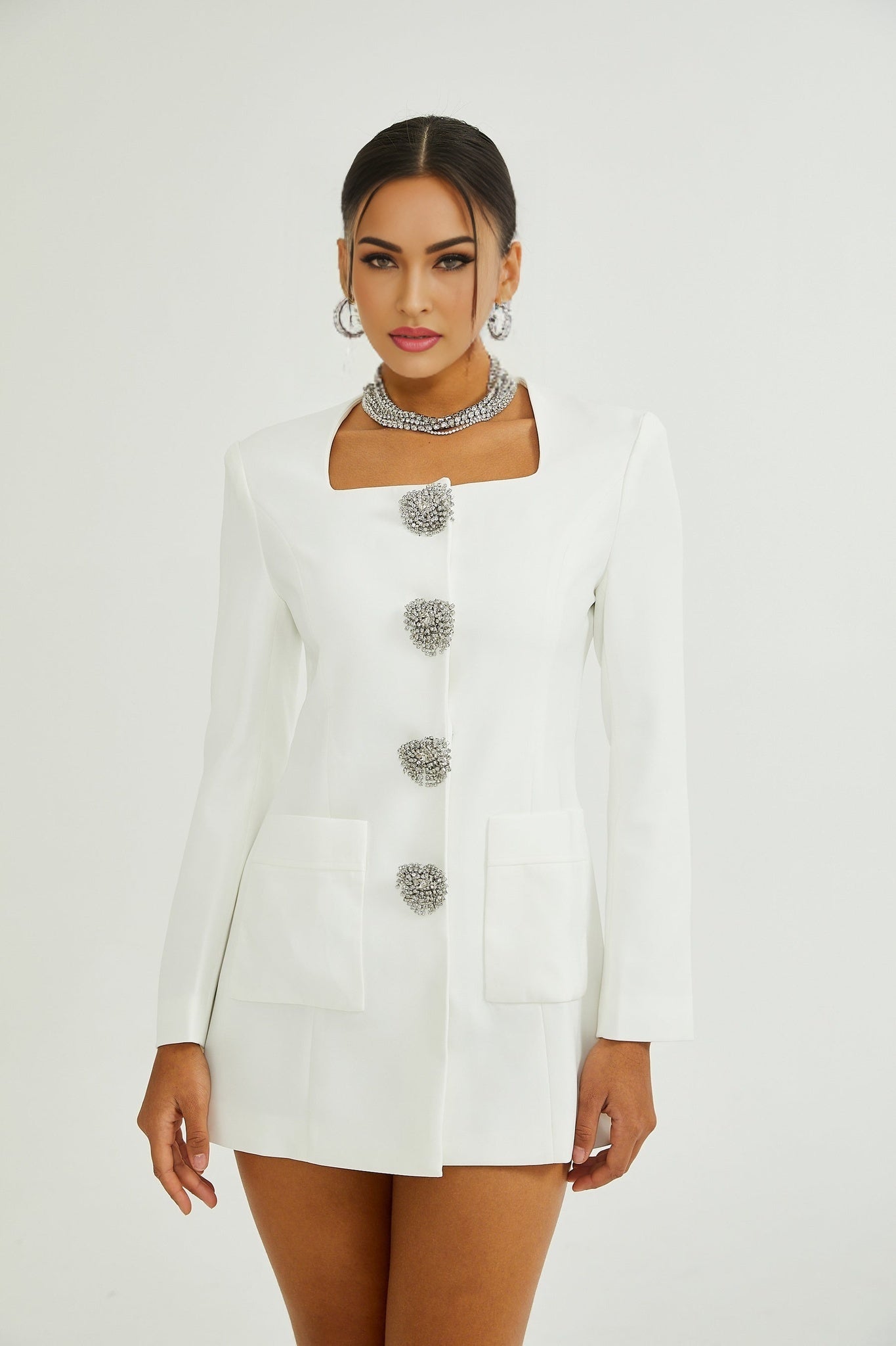 Fionnghuala Women's Blazer - Structured Silhouette - Square Neckline - Tailored Fit - Front Snap Button Closure - Versatile Style