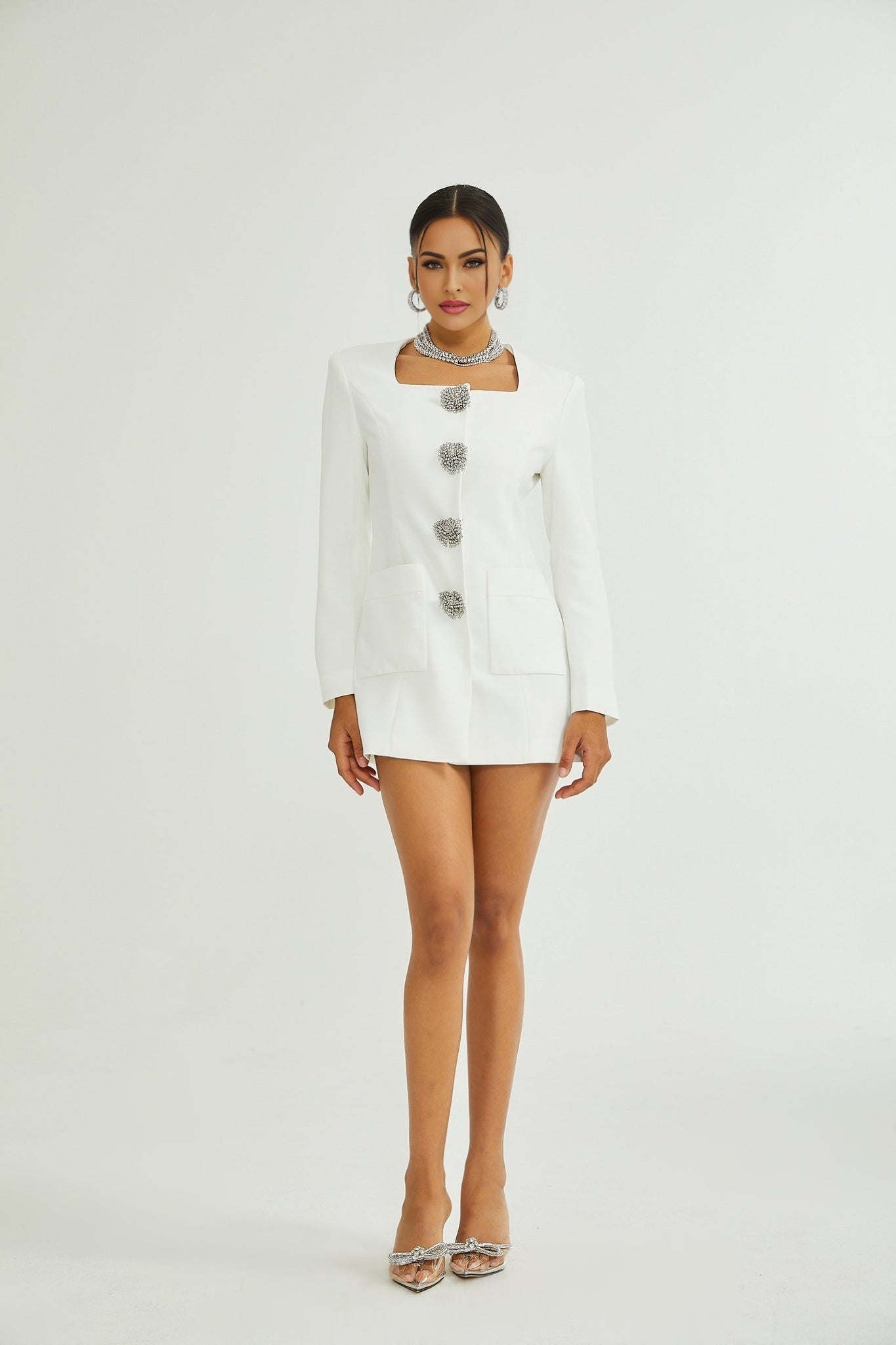 Fionnghuala Women's Blazer - Structured Silhouette - Square Neckline - Tailored Fit - Front Snap Button Closure - Versatile Style