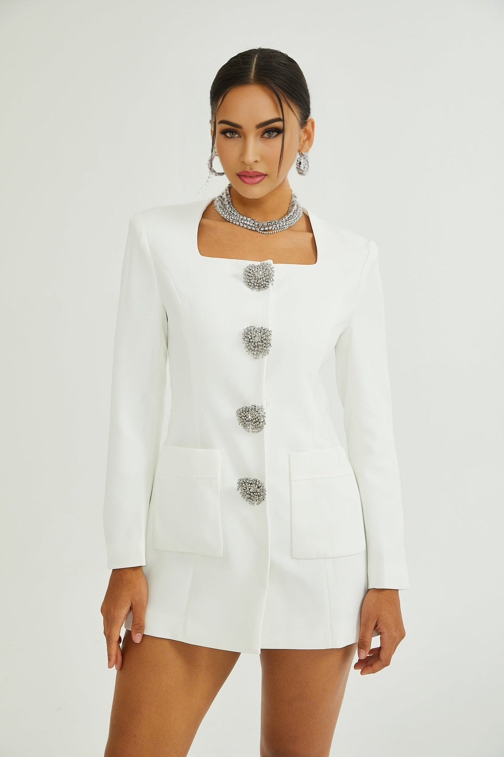 Fionnghuala Women's Blazer - Structured Silhouette - Square Neckline - Tailored Fit - Front Snap Button Closure - Versatile Style
