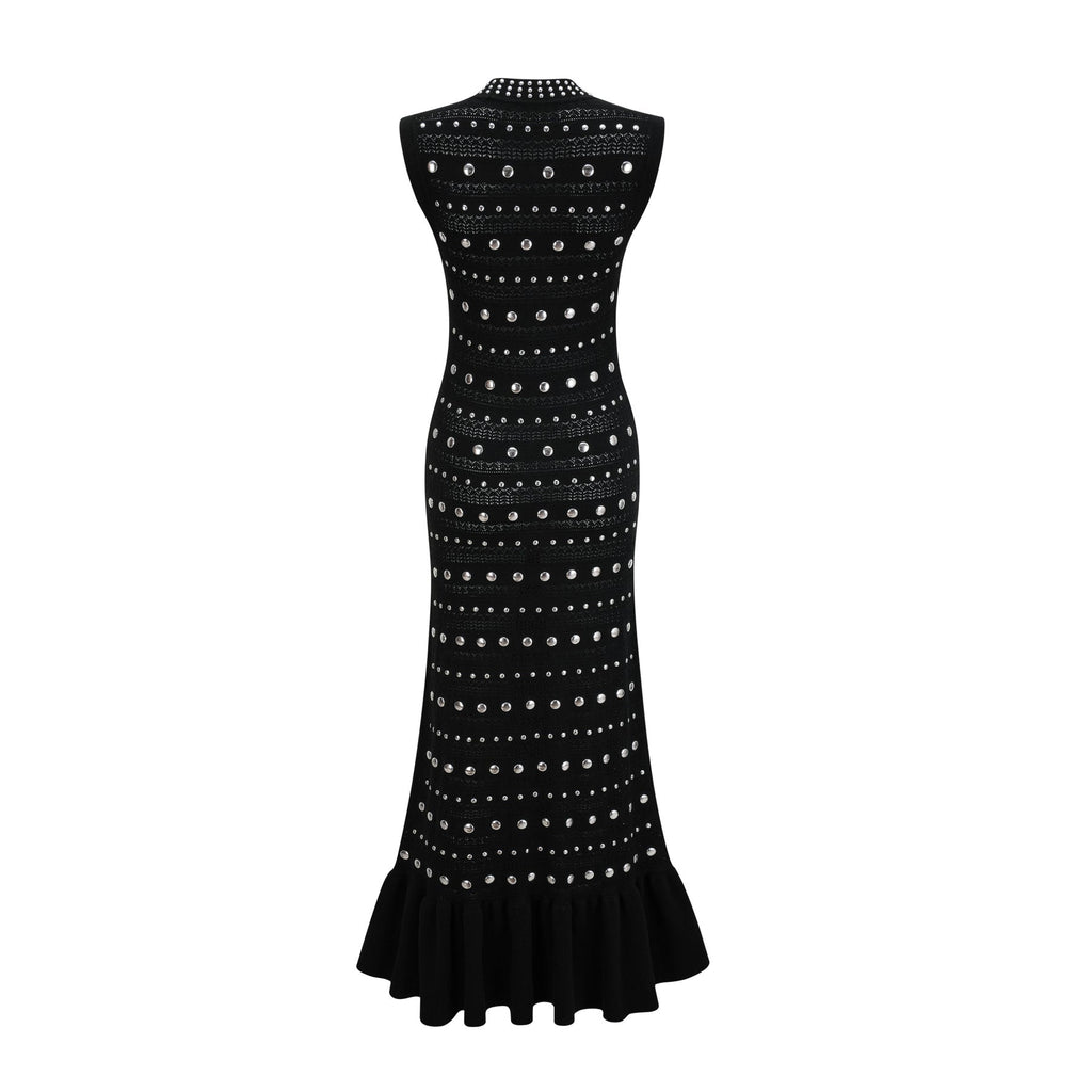 Fiorella Maxi Dress - Crochet Knit - Stud Embellishments - Ruffled Hem - Stretch Design