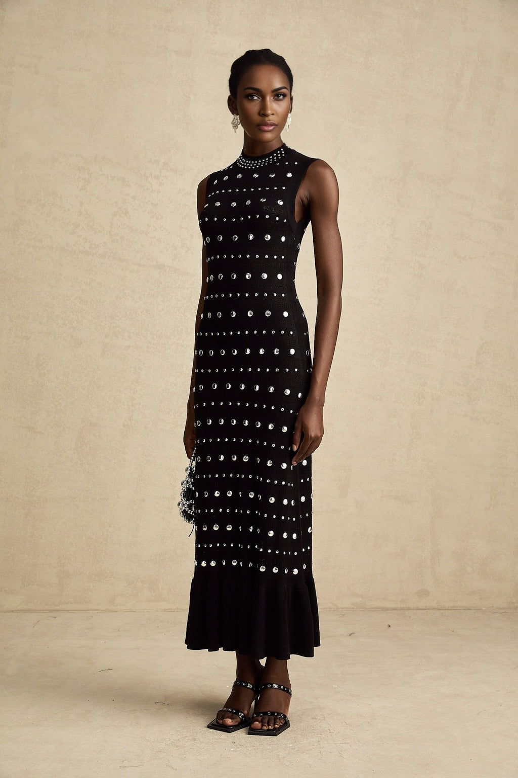 Fiorella Maxi Dress - Crochet Knit - Stud Embellishments - Ruffled Hem - Stretch Design