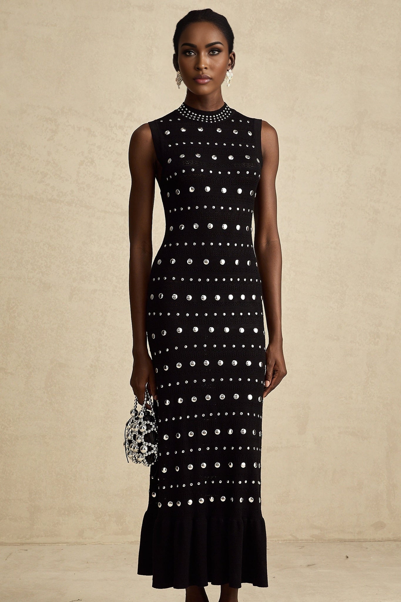Fiorella Maxi Dress - Crochet Knit - Stud Embellishments - Ruffled Hem - Stretch Design