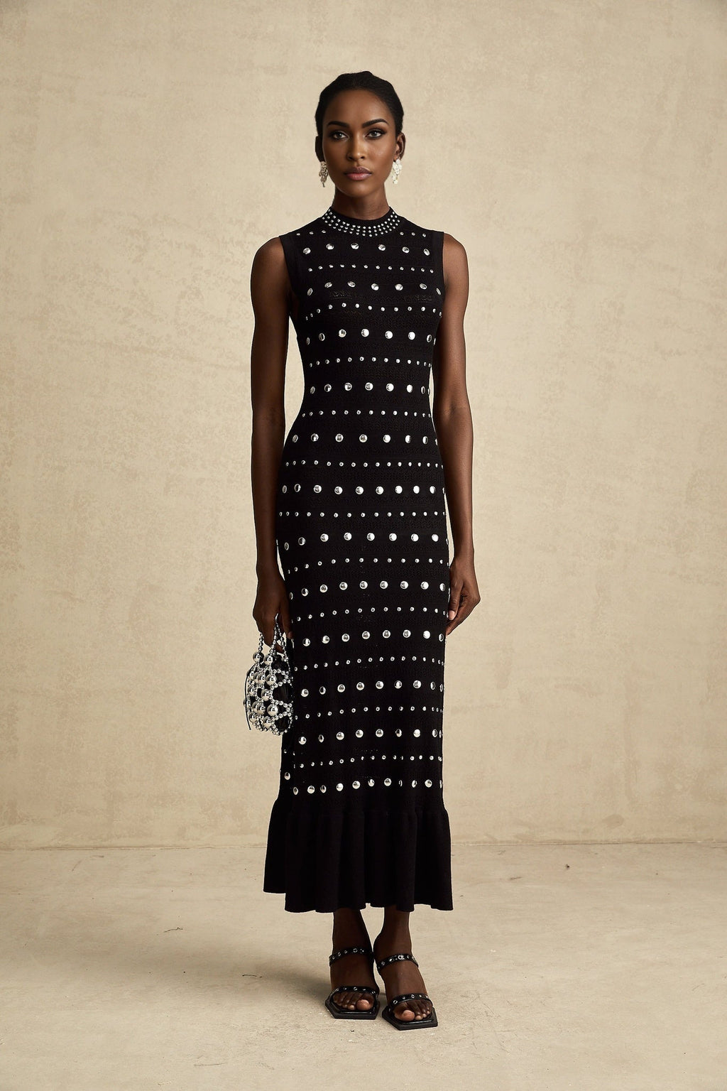 Fiorella Maxi Dress - Crochet Knit - Stud Embellishments - Ruffled Hem - Stretch Design
