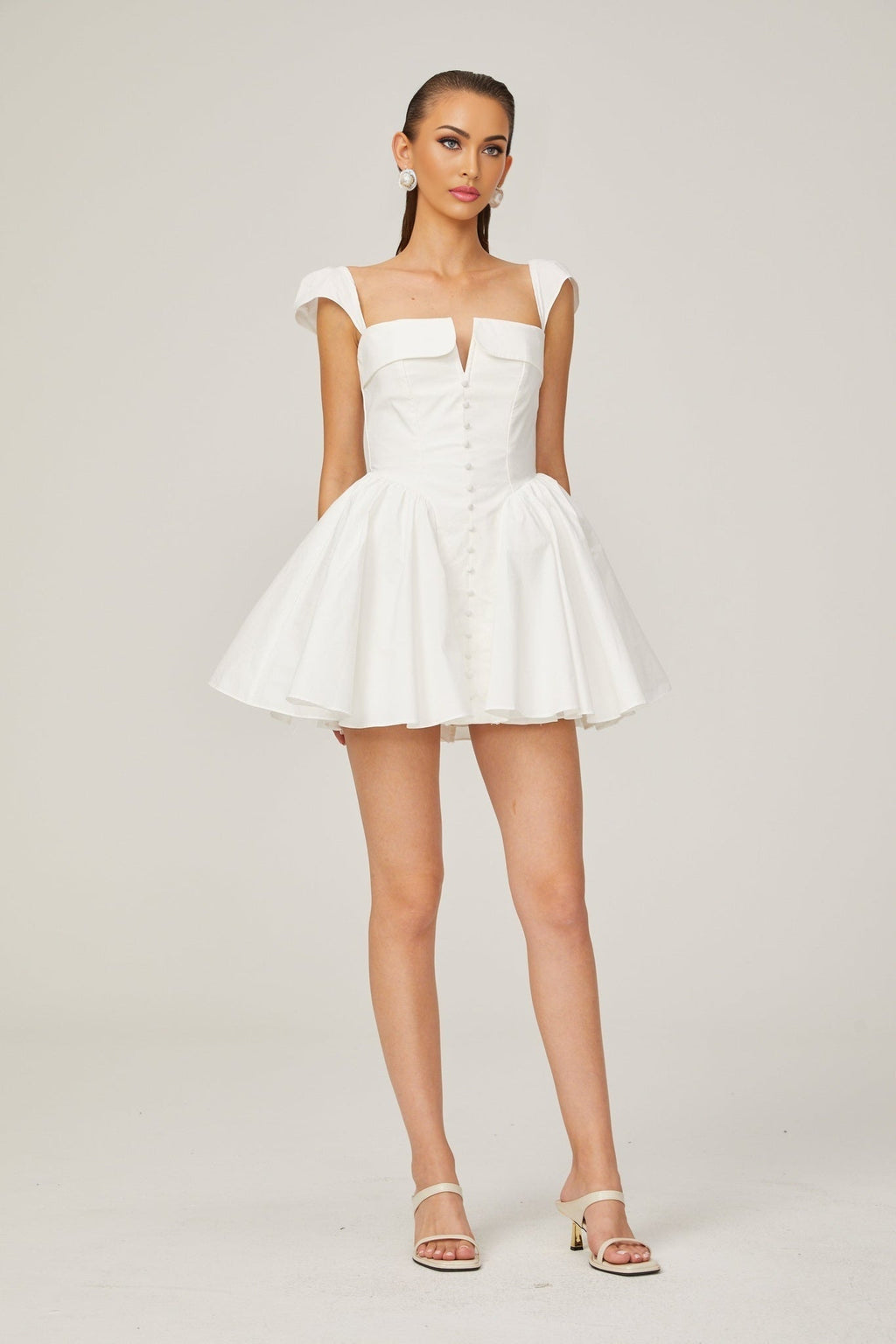 Fiorella Mini Dress - Folded Split Neck - Boned Bodice - Flared Skirt - Decorative Buttons - Rear Zip Fastening