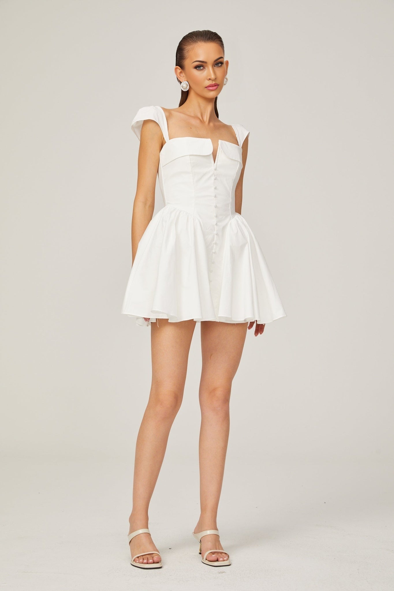 Fiorella Mini Dress - Folded Split Neck - Boned Bodice - Flared Skirt - Decorative Buttons - Rear Zip Fastening