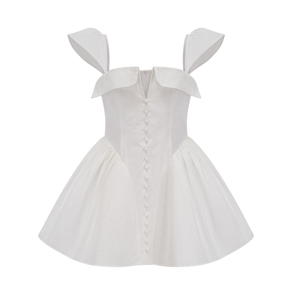 Fiorella Mini Dress - Folded Split Neck - Boned Bodice - Flared Skirt - Decorative Buttons - Rear Zip Fastening