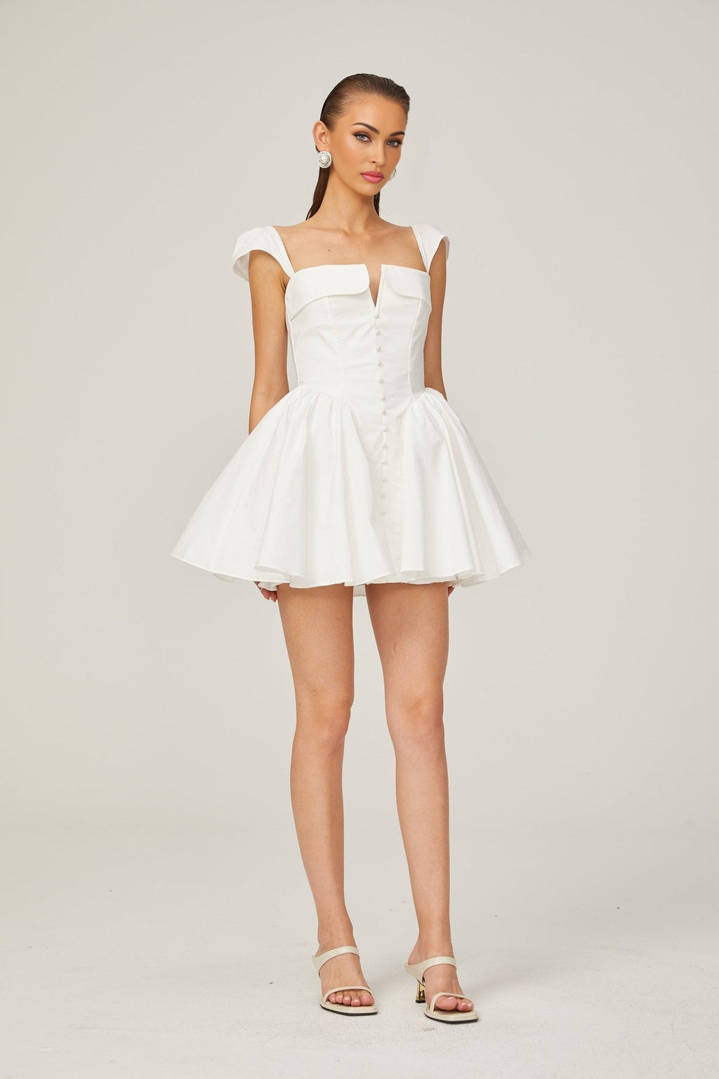 Fiorella Mini Dress - Folded Split Neck - Boned Bodice - Flared Skirt - Decorative Buttons - Rear Zip Fastening