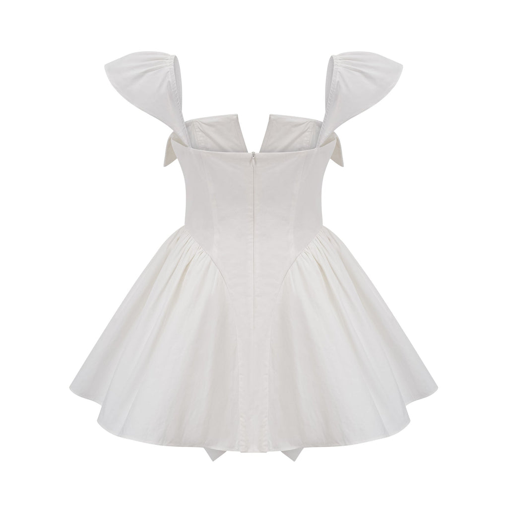 Fiorella Mini Dress - Folded Split Neck - Boned Bodice - Flared Skirt - Decorative Buttons - Rear Zip Fastening