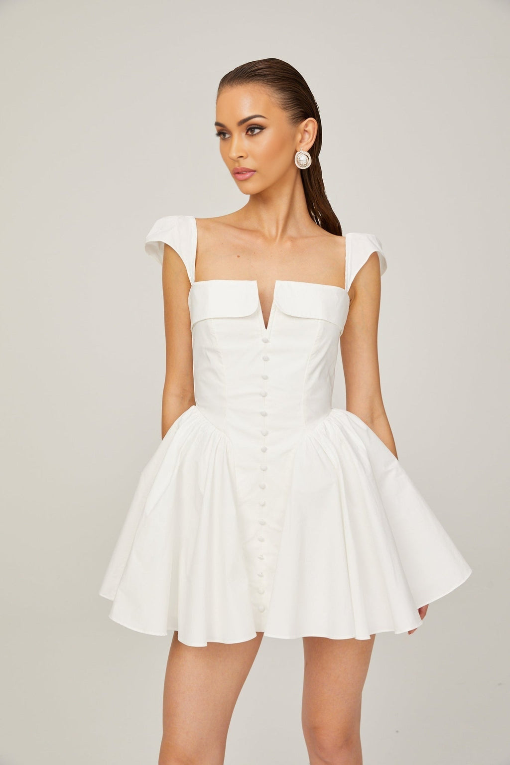 Fiorella Mini Dress - Folded Split Neck - Boned Bodice - Flared Skirt - Decorative Buttons - Rear Zip Fastening
