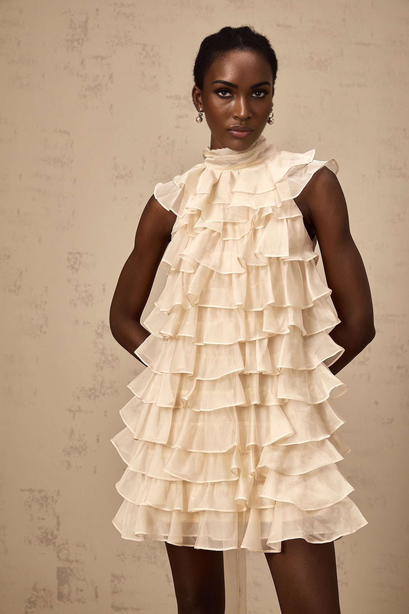 Fiorella Mini Dress - Sleeveless - Flounce Trim - Tiered Design - Self - tie Detail - Rear Zip Fastening