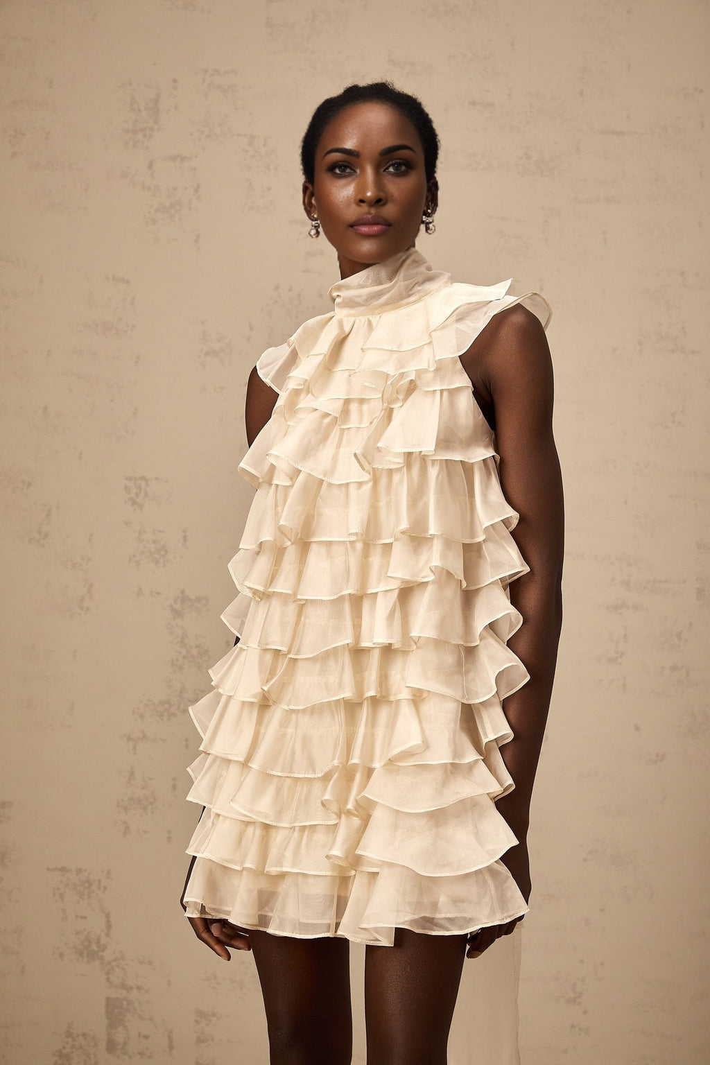 Fiorella Mini Dress - Sleeveless - Flounce Trim - Tiered Design - Self - tie Detail - Rear Zip Fastening