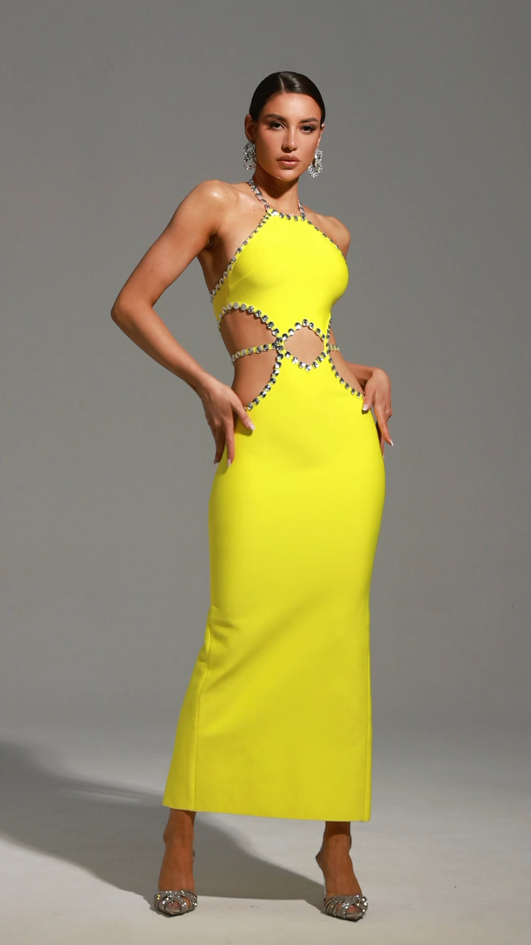 Fiorella Yellow Halter Neck Diamond Detailing Full Length Dress
