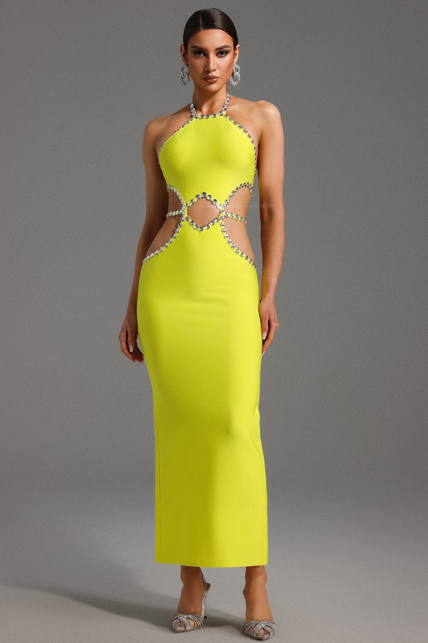Fiorella Yellow Halter Neckline Diamond Detailing Full-Length Dress