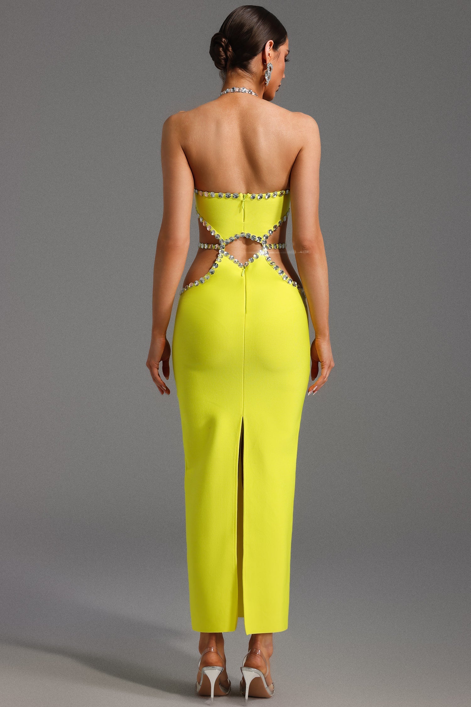 Fiorella Yellow Halter Neckline Diamond Detailing Full-Length Dress