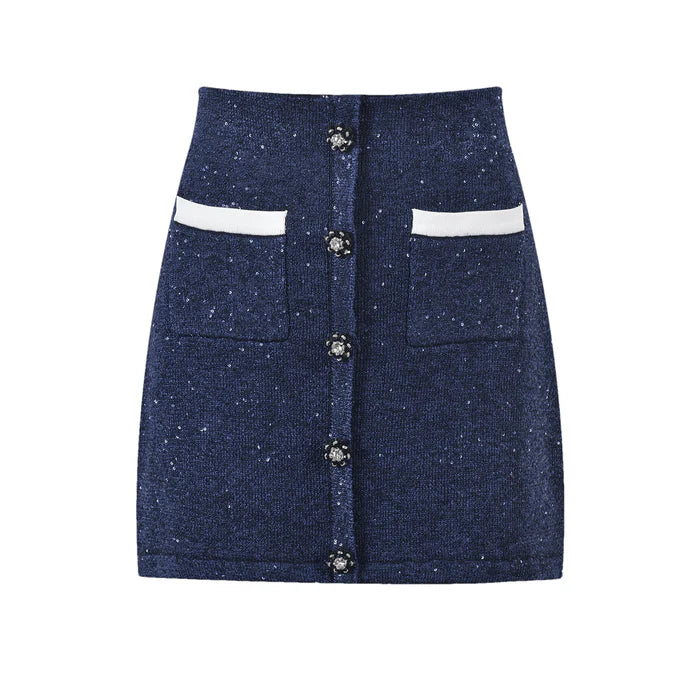 Fiorenza Jacket & Skirt - Lapels Design - Front Button Fastening - Knitted Construction - Stylish Front Button Decoration