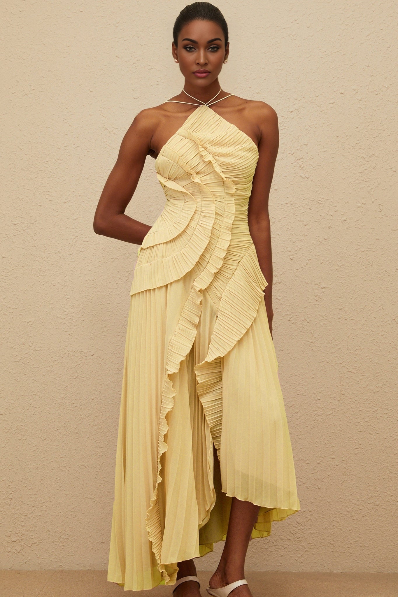 Fiorenza Midi Dress - Halterneck - Sleeveless - Fully - Pleated - Ruffled Trim - Asymmetrical Design