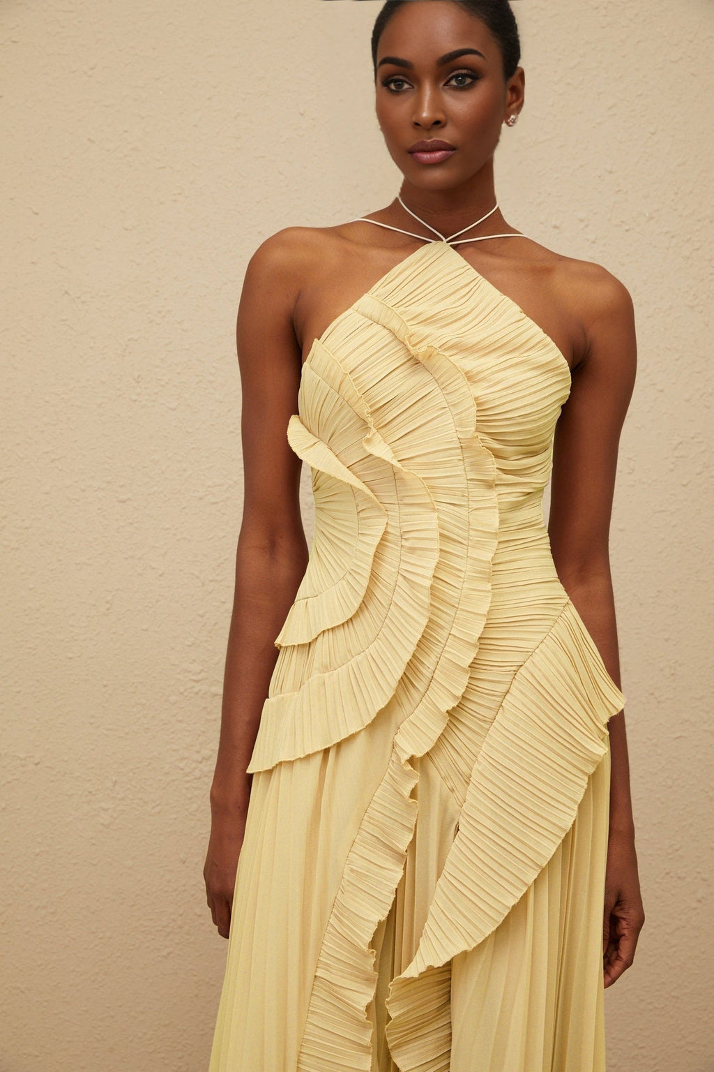 Fiorenza Midi Dress - Halterneck - Sleeveless - Fully - Pleated - Ruffled Trim - Asymmetrical Design