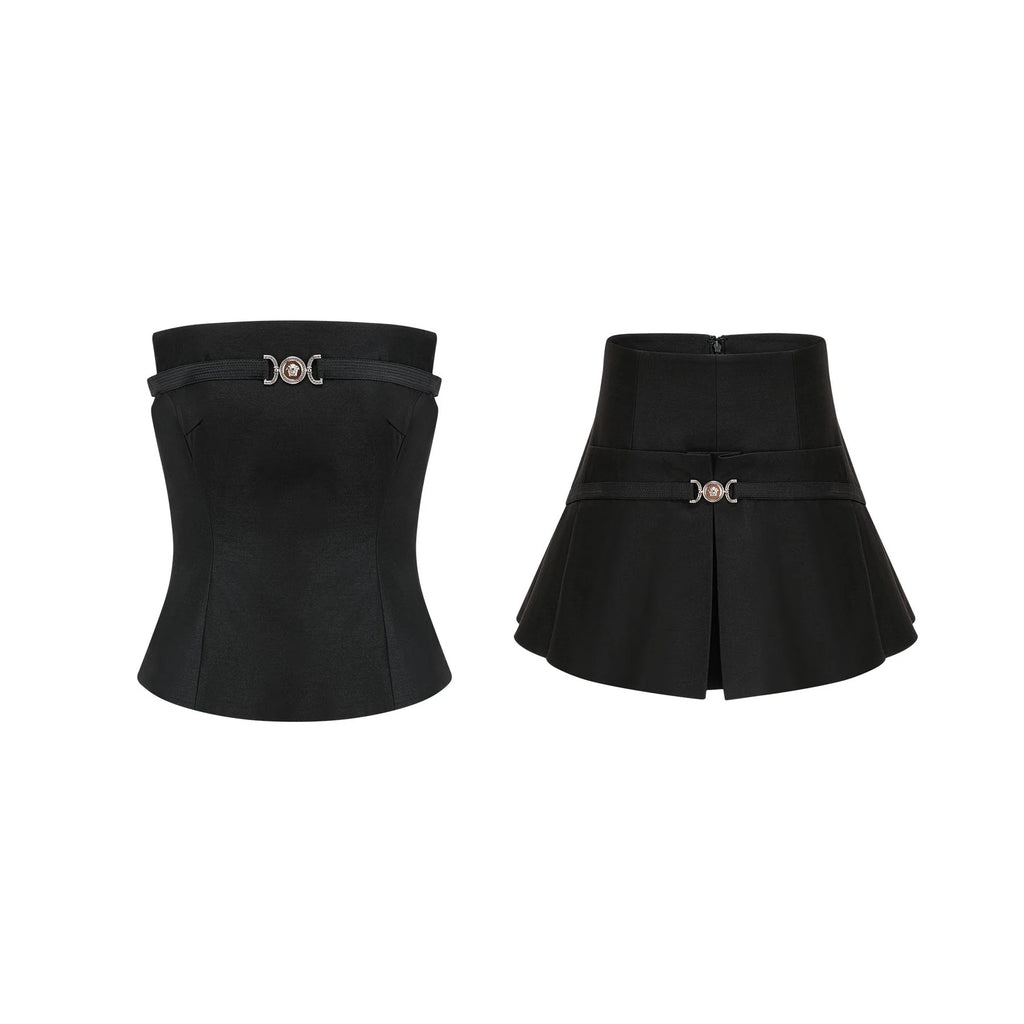 Fiorenza Skirt & Top Set - Sleeveless Off - The - Shoulder Design - Medusas Head Motif - High - Waisted Box - Pleat Skirt - Rear Zip Fastening