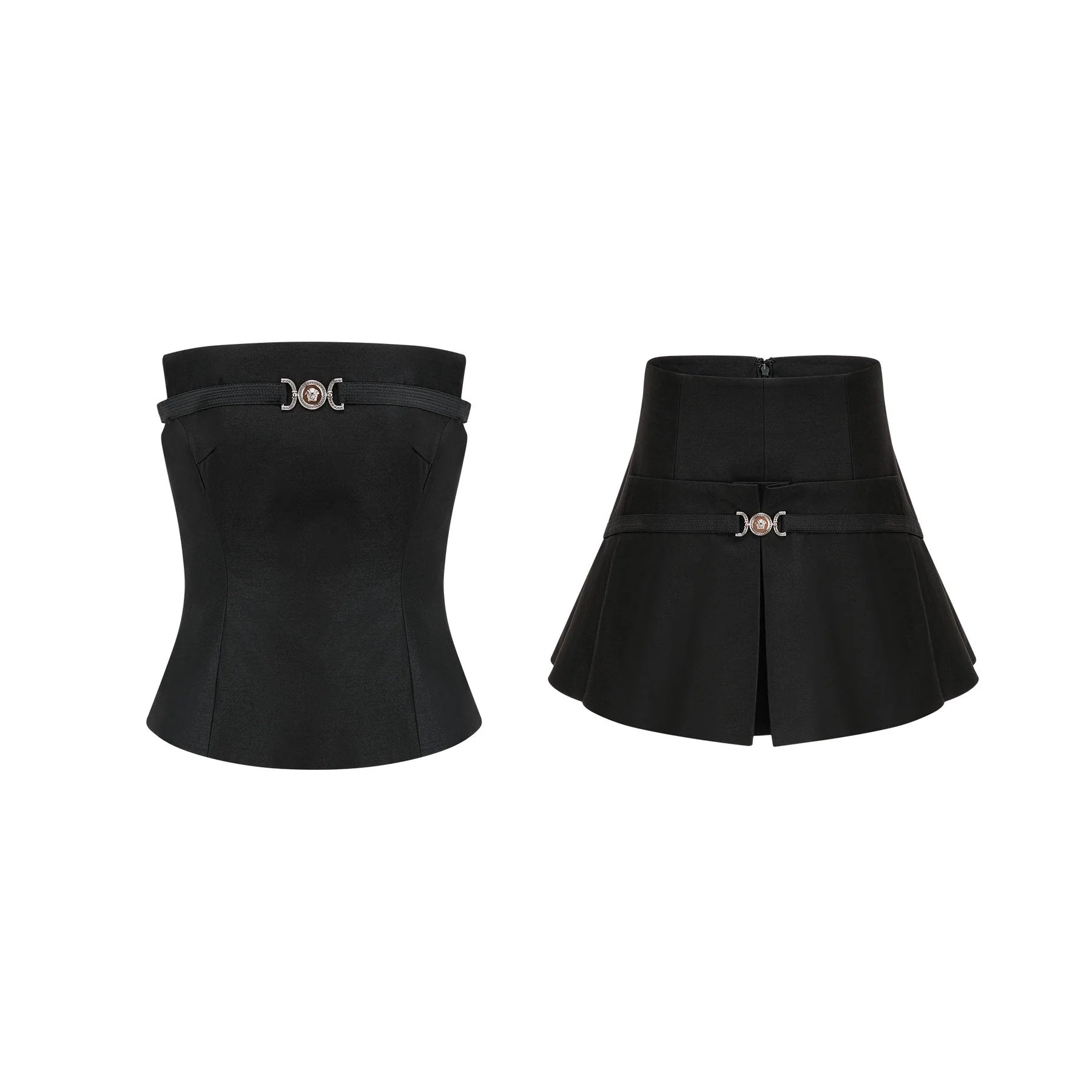 Fiorenza Skirt & Top Set - Sleeveless Off - The - Shoulder Design - Medusas Head Motif - High - Waisted Box - Pleat Skirt - Rear Zip Fastening