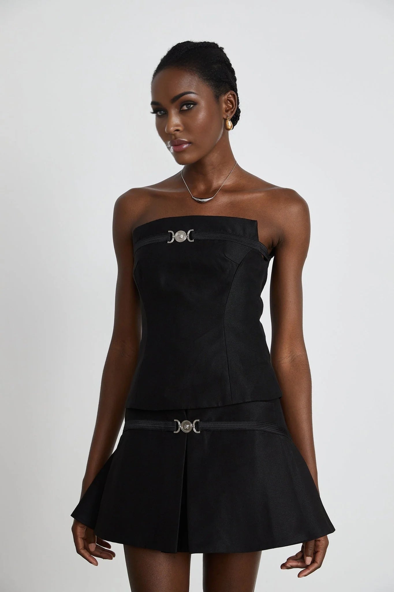Fiorenza Skirt & Top Set - Sleeveless Off - The - Shoulder Design - Medusas Head Motif - High - Waisted Box - Pleat Skirt - Rear Zip Fastening