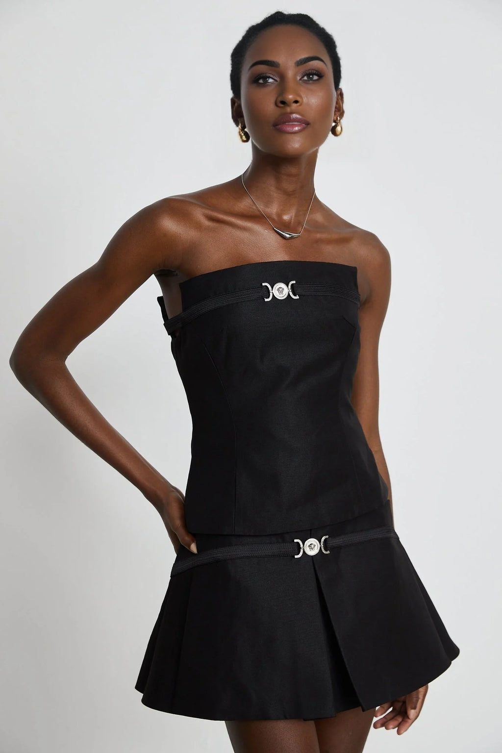 Fiorenza Skirt & Top Set - Sleeveless Off - The - Shoulder Design - Medusas Head Motif - High - Waisted Box - Pleat Skirt - Rear Zip Fastening