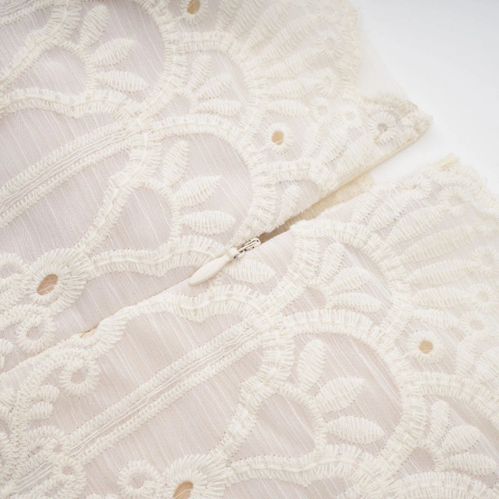 Fiorina Midi Dress - Faux - Pearl Embellishment - Cut - Out Design - Lace Trim - Flounce Hem - A - Line Fit