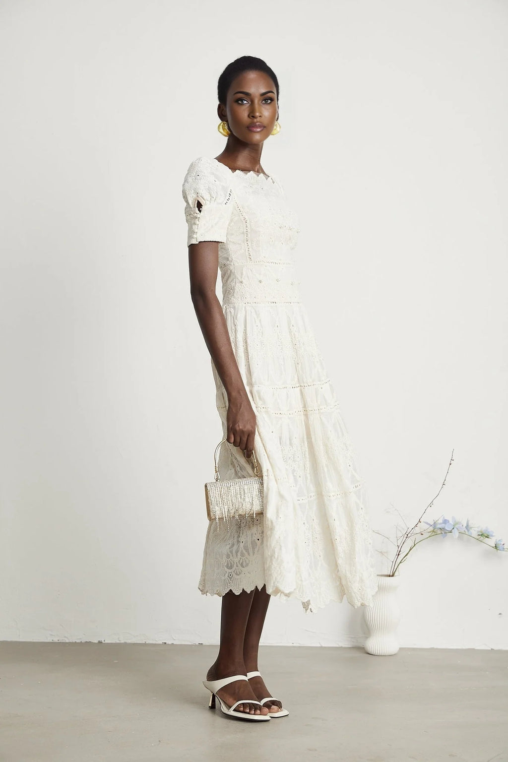 Fiorina Midi Dress - Faux - Pearl Embellishment - Cut - Out Design - Lace Trim - Flounce Hem - A - Line Fit